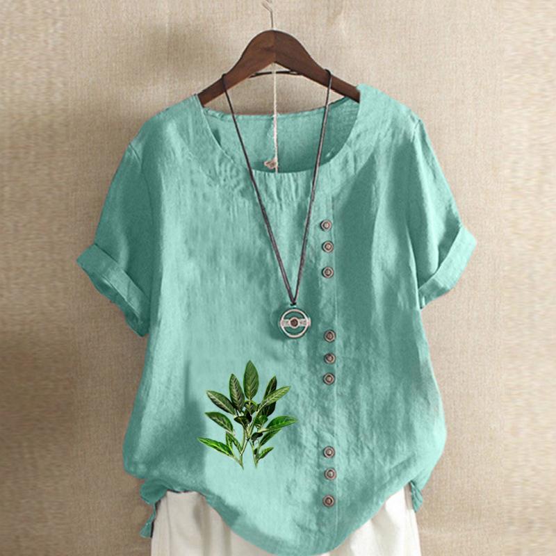 Women's Fashion Green Leaf Prined Round Neck Short Sleeve T-shirt Casual Cotton Linen Graphic Shirt Leisure Loose Summer Blouse Tops