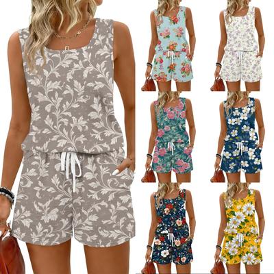 Women Summer Casual Two Piece Set Floral Print Sleeveless Tank Top Square Neck Drawstring Waist Shorts with Pockets