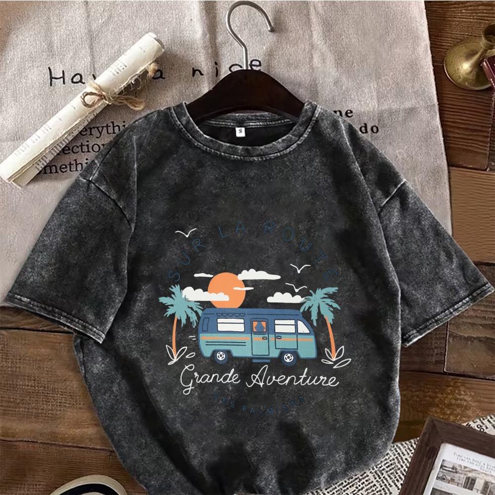 Vintage Gewaschenes Schwarzes Oversized T-Shirt Retro Strand Wohnmobil Camping Druck Baumwolle Kurzarm Rundhals T-Shirt