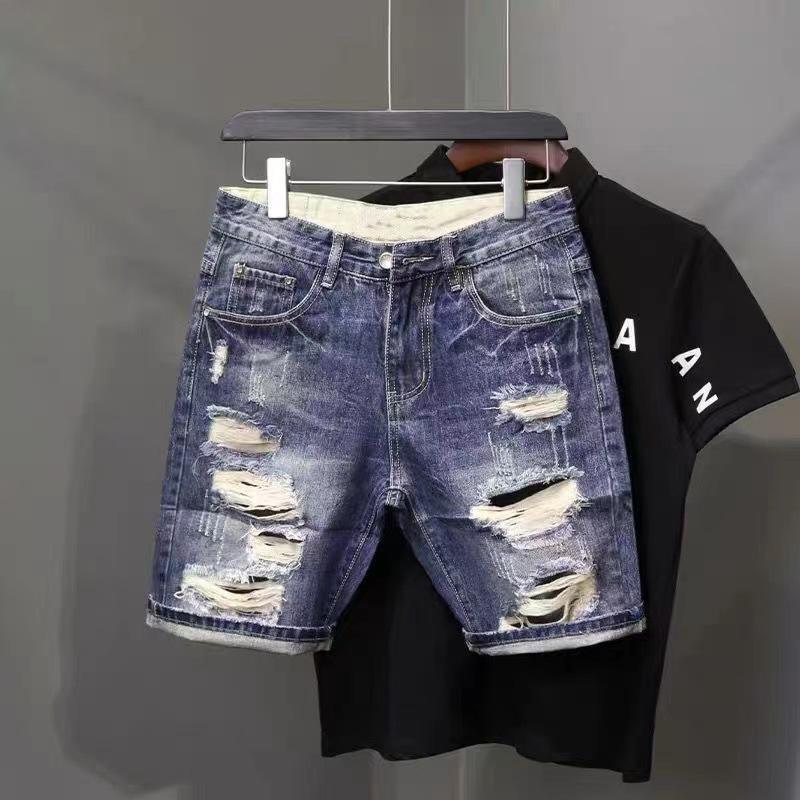 Pantaloncini di jeans da uomo, estivi sottili larghi dritti casual alla moda marca strappati cinque o sei divisione del lavoro pantaloni da uomo