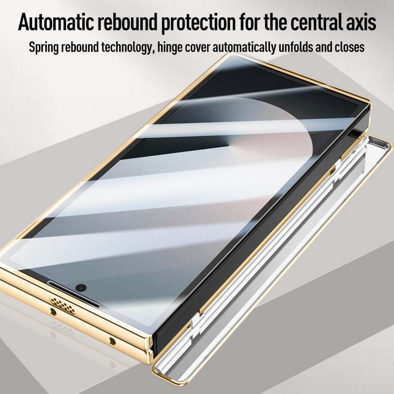 Galvanisierte Federgelenk-Schutzhülle aus echtem Leder und gehärtetem Glas für Samsung Z Fold 6 Galaxy Z Fold6 Rundumschutzhülle