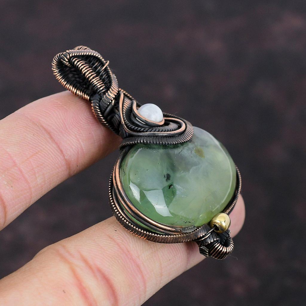 Moss Prehnite Pendant Copper Wire Wrapped Gemstone Pendant Handmade Wire Wrap Jewelry For Gift Rainbow Moonstone Pendant Jewelry For Women