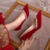 Women's Fashion Slim Heel Shoes Fall New Pointy Head Shallow Mouth Rhinodrill A Slip-on Temperament High Heel Wedding Shoes