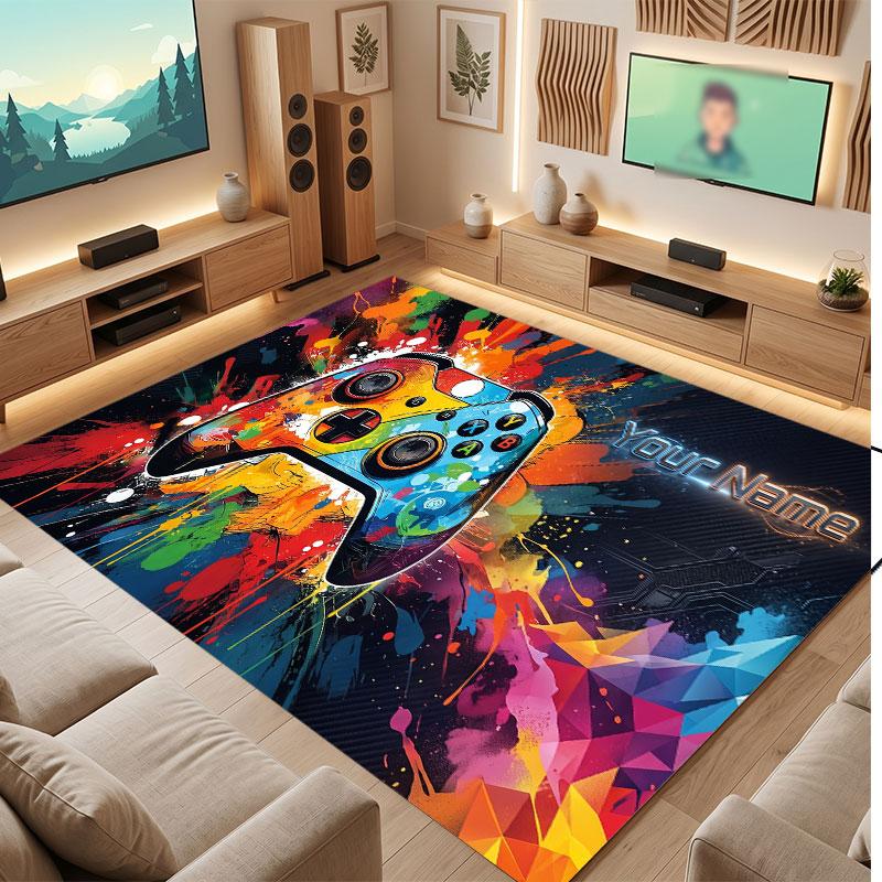 Game Controller Theme Crystal Velvet Floor Rug Personalized Custom Name Text Warm Carpet Home Decoration