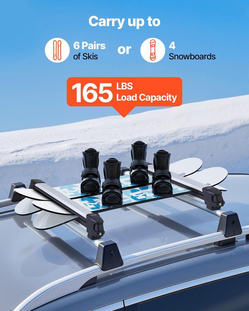 Ski & Snowboard Roof Rack, Carry up to 6 Pairs of Skis or 4 Snowboards, 2 PCS Aluminum Universal Car Roof Rack with Lock & Rubber Padding, Carrier for