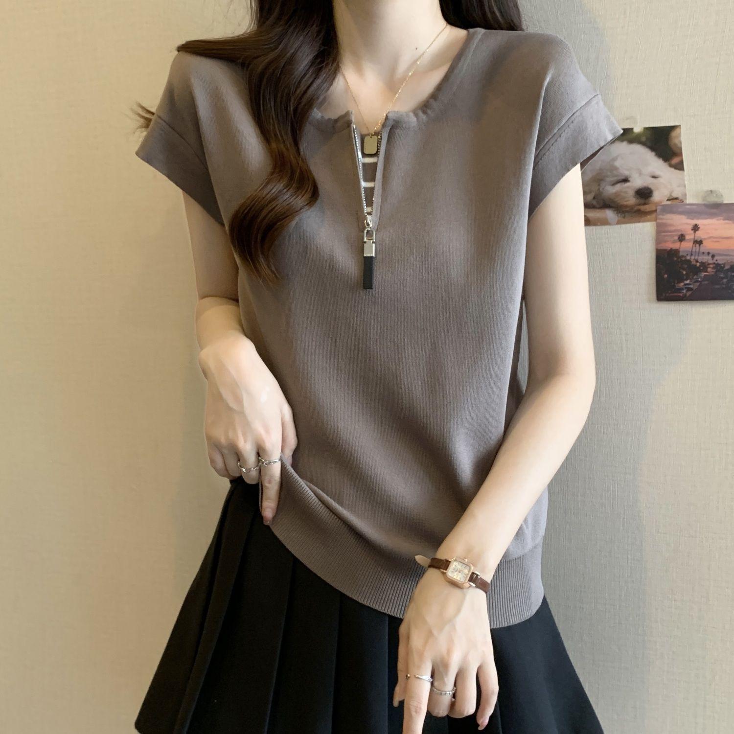 

Women s Chic Ice Silk Zipper T-Shirt - Slimming, Tummy Covering, Plus Size Knit Top for Summer S (80-95 jin) верблюд