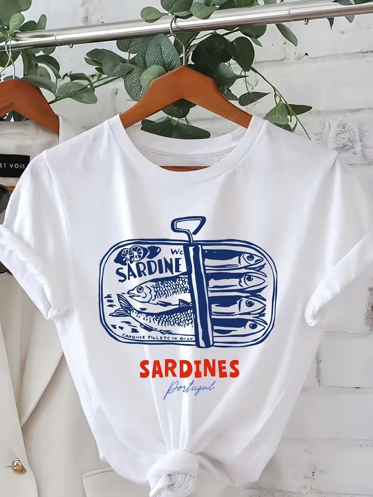 Unisexs Sardines Fish Retro Graphic Tshirt Short Sleeve Crew Neck Casual Summer Top Print For Beach Outfits Casual Attire