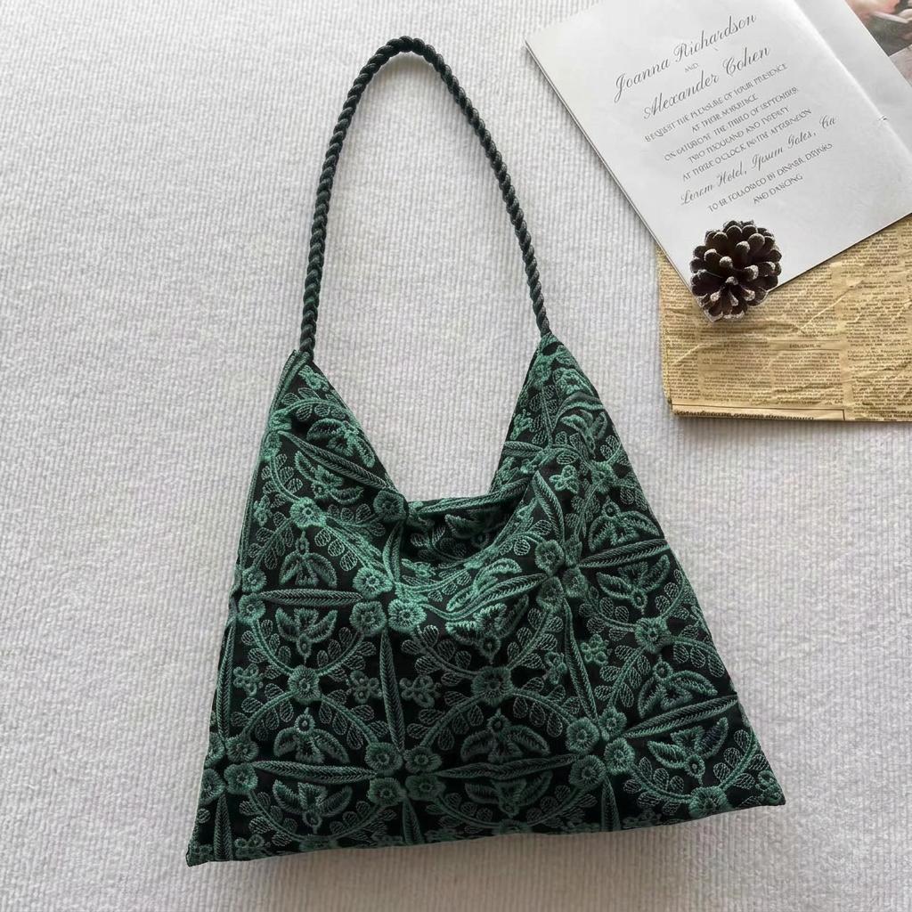 Green Embroidered Shoulder Bag Large Capacity Floral Pattern Casual Tote Bag for Women Daily Shopping Travel Commute Soft Fabric