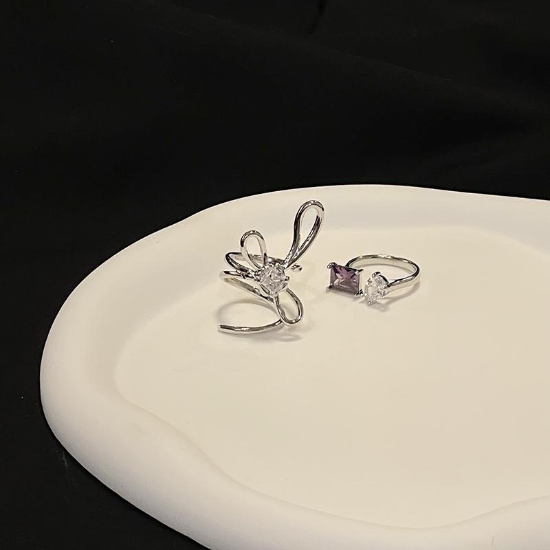 Bow Personality Geometric Line Open Ring Female Zircon Premium Light Luxury Niche Design French Ring