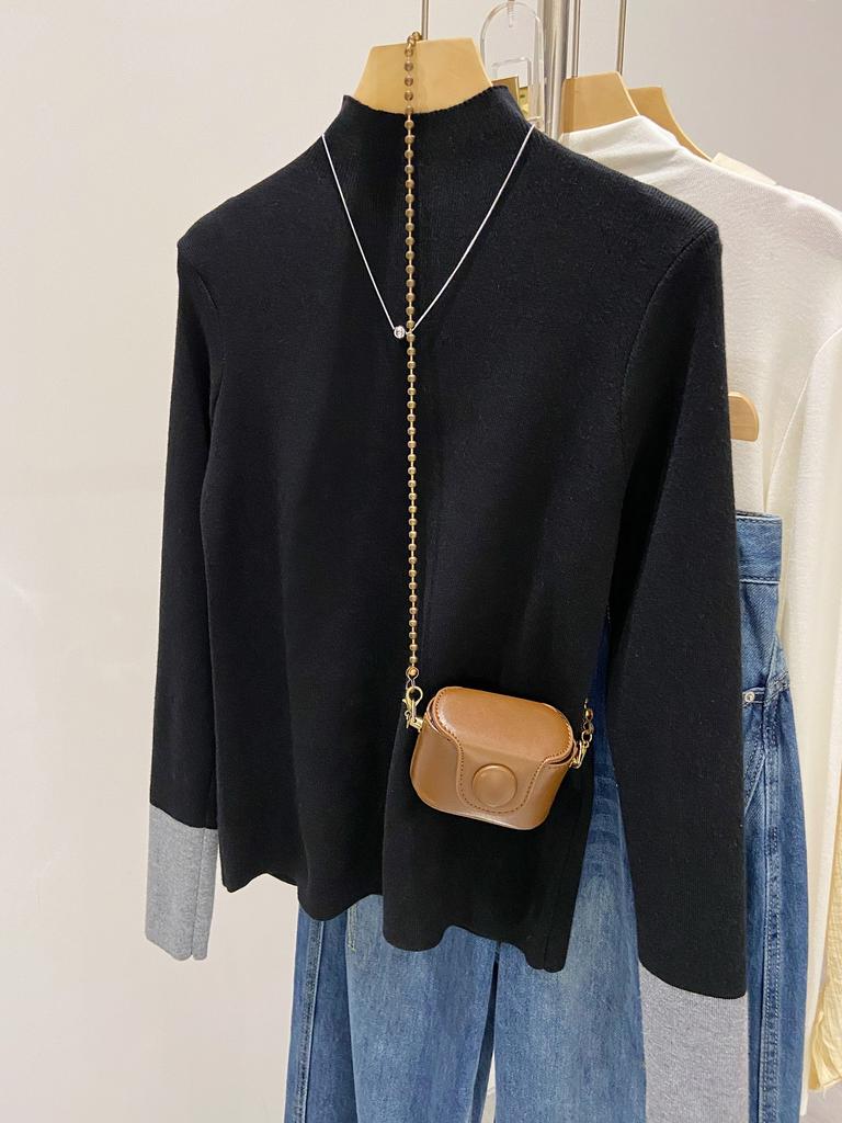 Contrasting color splicing semi-turtleneck bottoming shirt knitted sweater women's autumn and winter temperament slim fit inside slim shoulder top