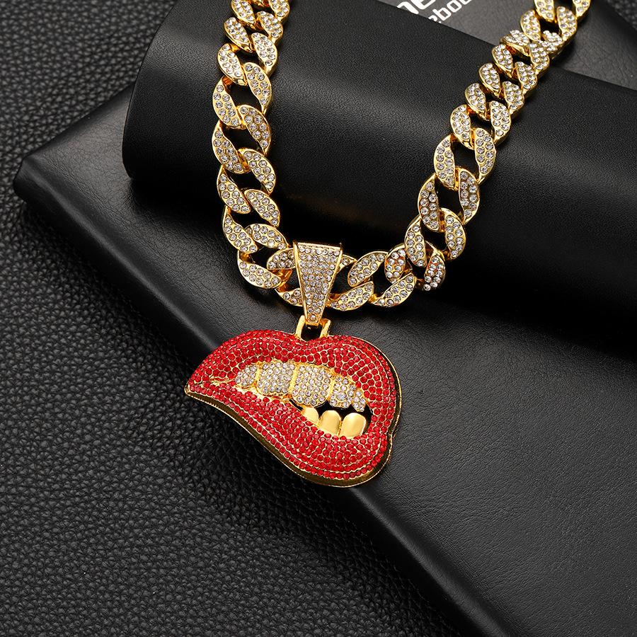Men's Trendy Cuban Chain: Full Diamond Red Lip Pendant Necklace