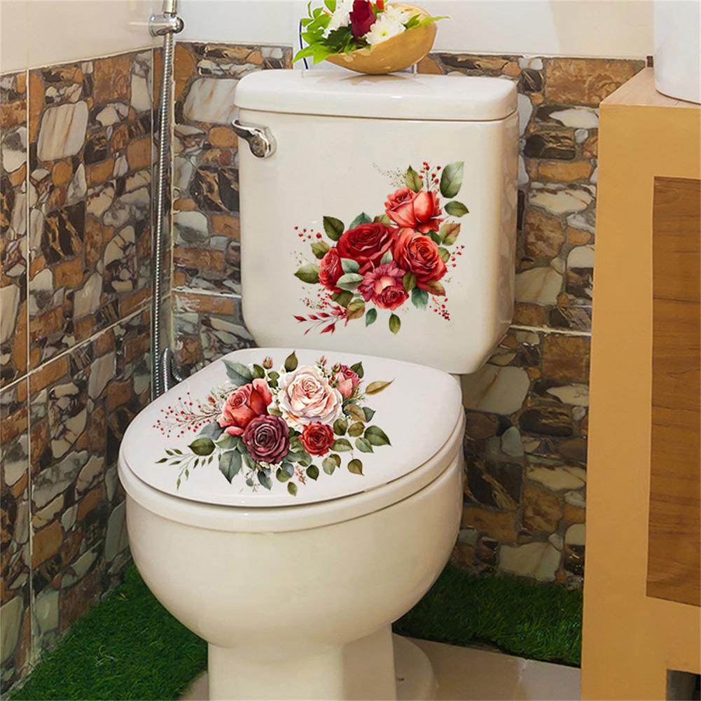 Bathroom Toilet Sticker Rose Flower Wall Stickers DIY WC Washroom PVC Posters Home Cabinet Refrigerator Decoration Decal
