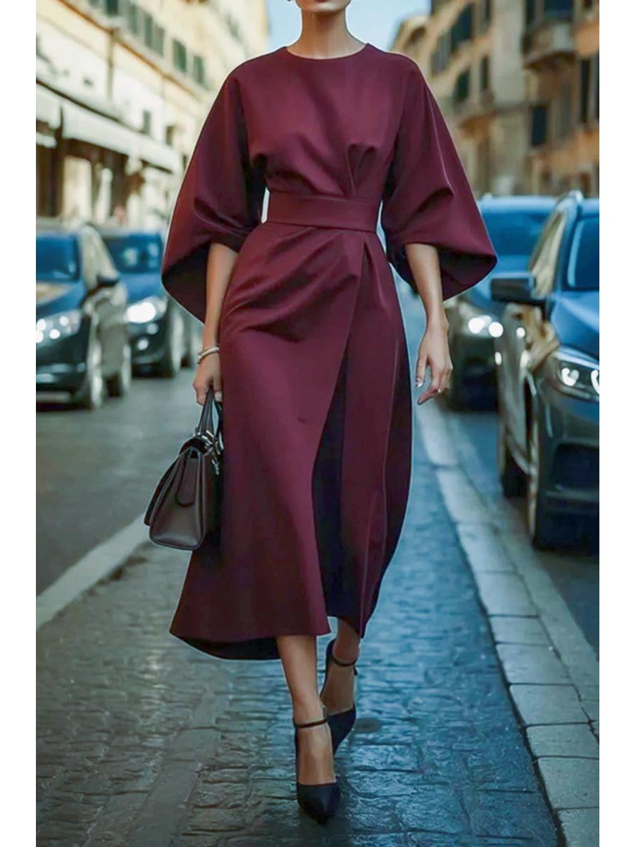 

Женское элегантное однотонное платье с длинным рукавом «летучая мышь» и поясом на талии для повседневных и торжественных случаев XXL вино красного
