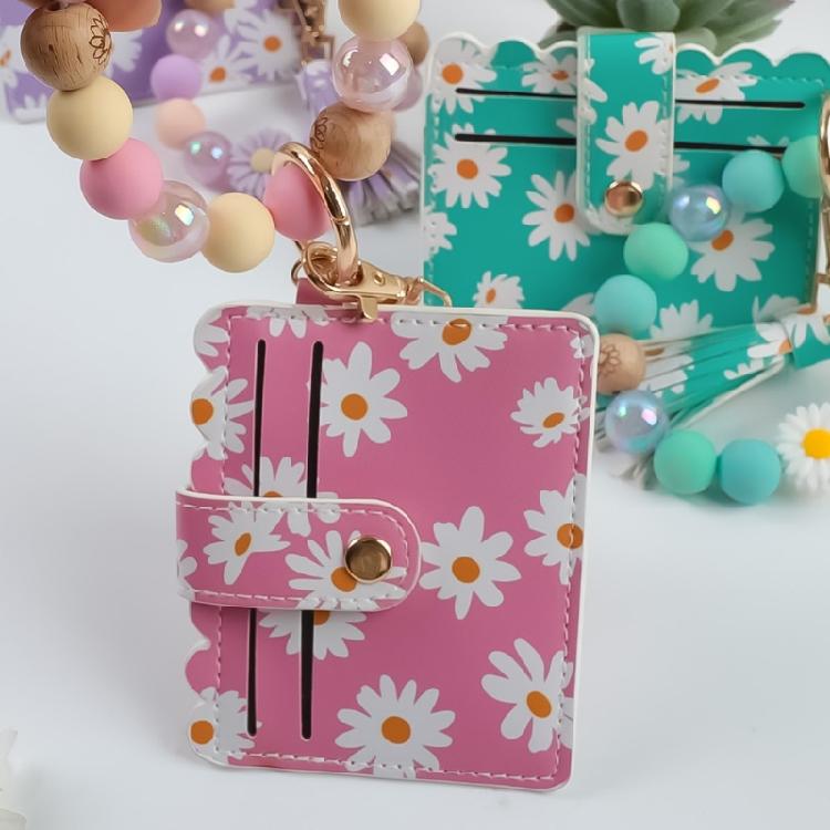 Secure Closure Daisy Beaded Keychain Bracelet Soft PU Leather Women Girls Fashion Accessory