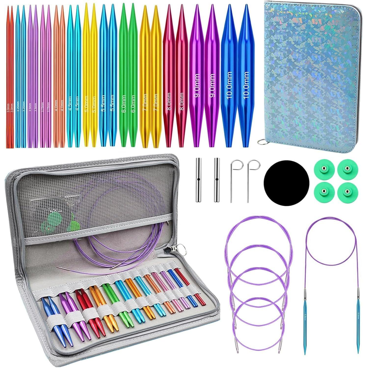 13 Pairs Circular Knitting Needle Set 3.0~10.0mm,4-Inch Interchangeable Aluminum Knitting Needles with 4 Cables, Round Needle with Case K