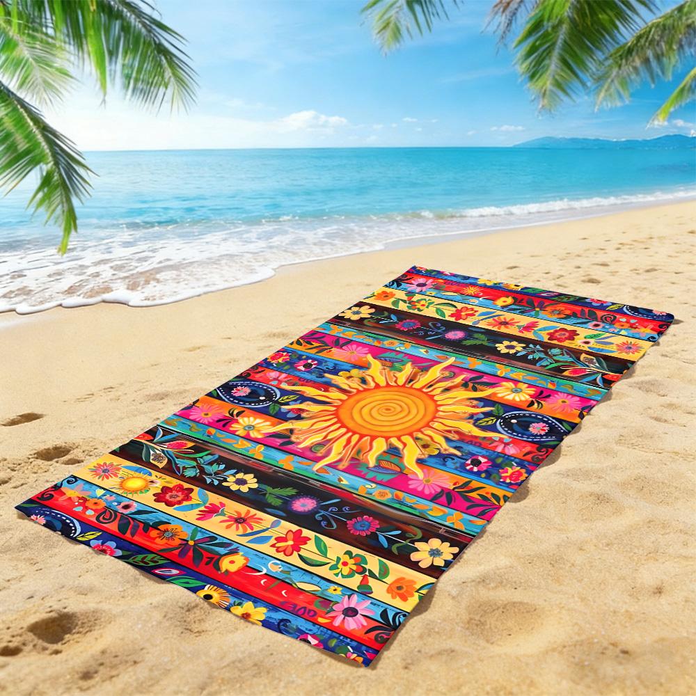 Mexicaanse Zon Bloemig Strandlaken – Extra Groot Sneldrogend Zandvrij met Levendige Gestreepte Print voor Fiesta Strand & Zwembaddagen