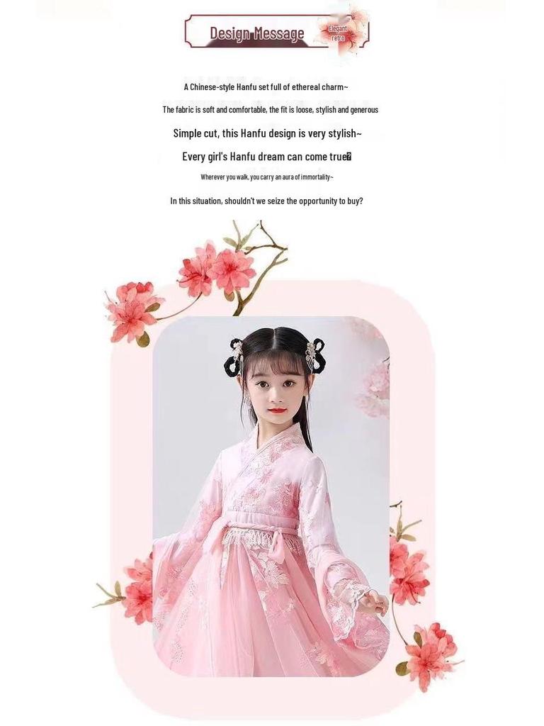 Hanfu Girls' Cherry Blossom Ruqun Dress - Long Sleeve Ancient Chinese Style for Spring & Autumn
