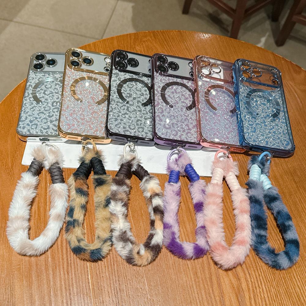 KEYSION Glitter Leopard Print Magnetic Phone Case for iPhone 13 14 15 16 17 Pro Max 17 Air 16 Plus With Plush Lanyard Shockproof Cover