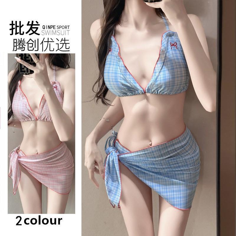 Korean Ins Style Swimsuit Women's Split Plaid Bikini Thailand Hot Three-piece