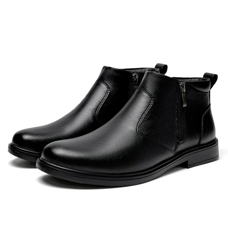 Fashion Brogue Chelsea Men Boots Classical Style Leather Ankle Boots Genuine Leather Mens Winter Plush Snow Botas Walking Shoes