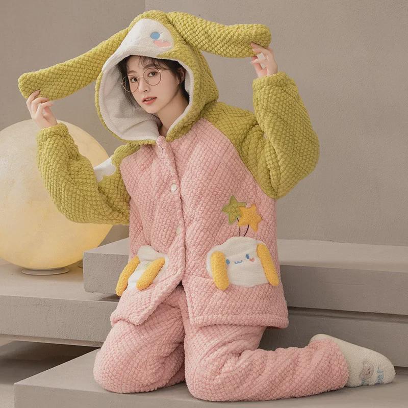 Women's Winter Pajama Set - Three-Layer Quilted, Thick Velvety Coral Fleece, Warm & Cute Bear Design