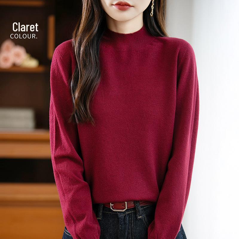 Elegant Autumn Velvet Knit Half-High Neck Sweater for Women - Long Sleeve, Loose Fit Pullover