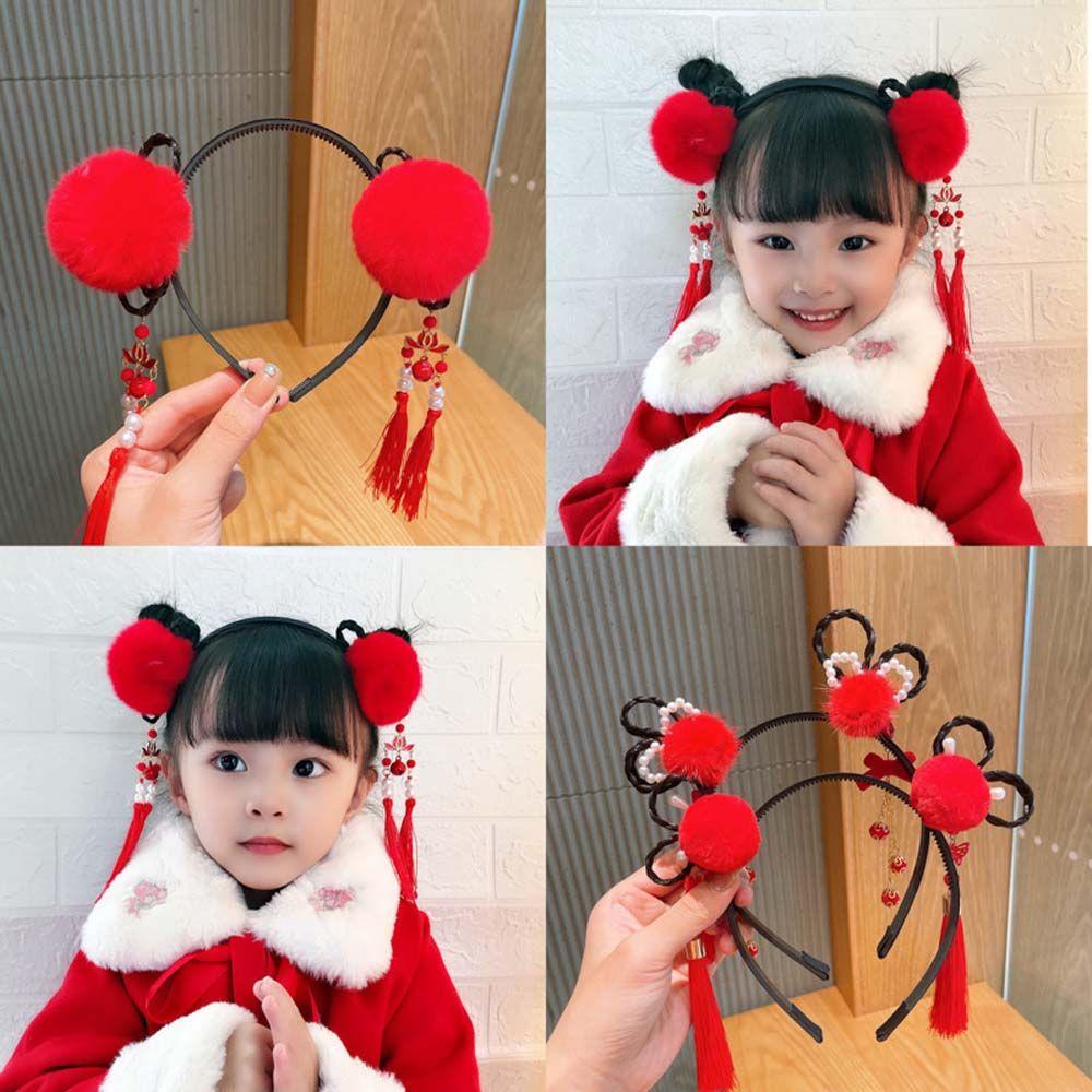 Elastic Cute Girls Pearl Bow Pigtail Wig Flower New Year Headress Children's Headband Chinese Style Hair Band Hanfu Hair Hoop