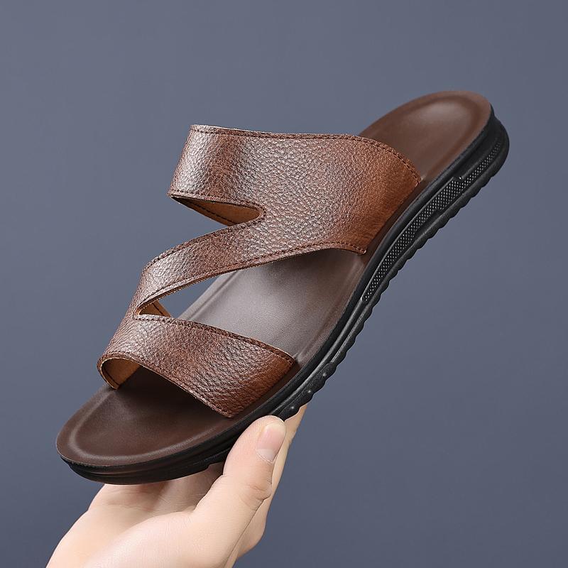 

Новые мужские повседневные кожаные шлепанцы ручной работы, полузакрытые, мужские пляжные сандалии для путешествий, летняя пляжная обувь, уличные универсальные балетки 44 коричневый