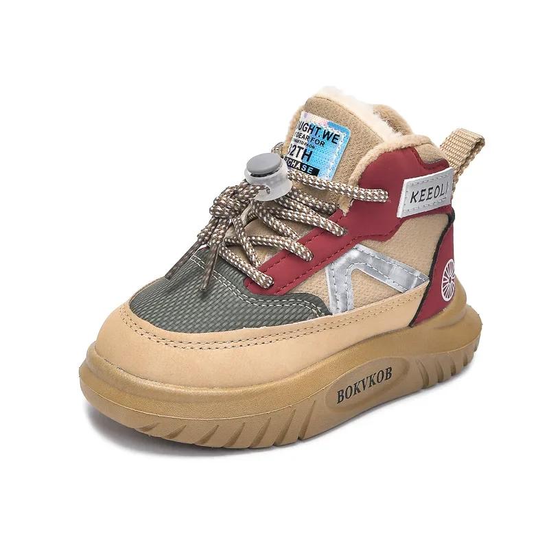 

Короткие ботинки для мальчиков и девочек с мехом для студентов, спортивные ботинки на зиму 2024 года, абсолютно новые детские модные ботинки с нескользящей веревкой 21 хаки