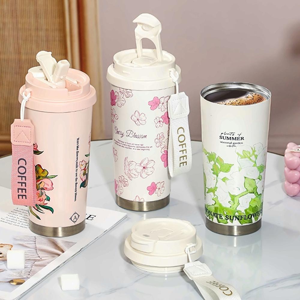 Floral Boho Coffee Tumbler 500ml, Summer Sunflower Flower Thermos Coffee Cup Travel Mug With Leakproof Lid Double Wall Vacuum