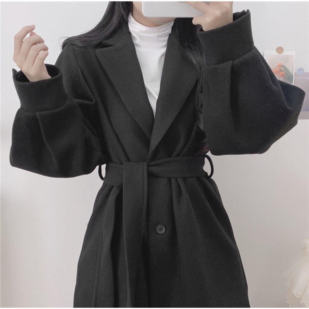 Turndown Collar Trench Women Coat Windbreaker Fitted Clothes Femme Loose Cloak Woolen Single-breasted Coat Outwear