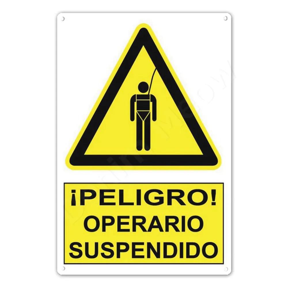 Spanish Warning Sign, Danger Metal Sign for Street, Yard, Bar, Workshop Decor, Yellow Waterproof Caution Signs, Outdoor Indoor