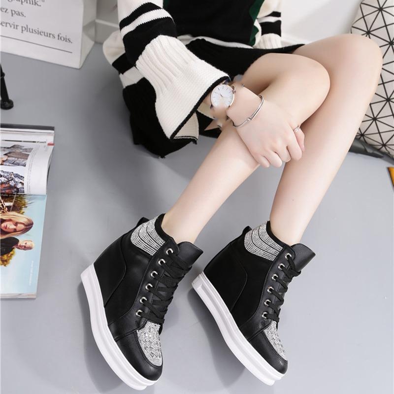 High White Shoes Women Platform Rhinestone Fashion Casual Shoes Wedge Heel Lady Leisure Sneakers Shoe