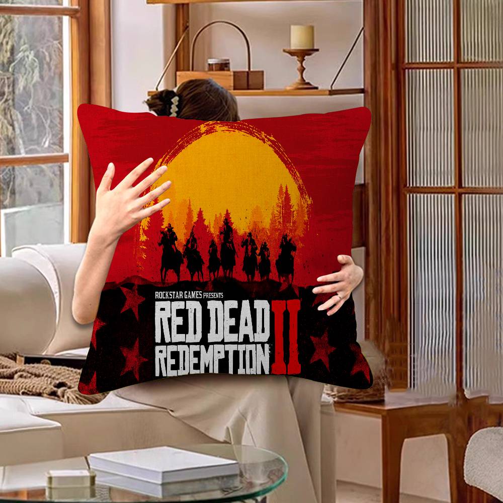 Funda de Almohada para TV de Juego Red-Dead-Redemption 2 Dibujos Animados Decorativa para Sofá del Hogar Impresión a Doble Cara Felpa Corta Funda de Cojín Linda