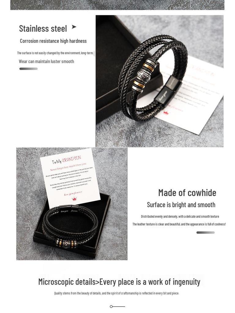 Men's Titanium Steel & Leather Engraved Bracelet Set with Stainless Steel Layers