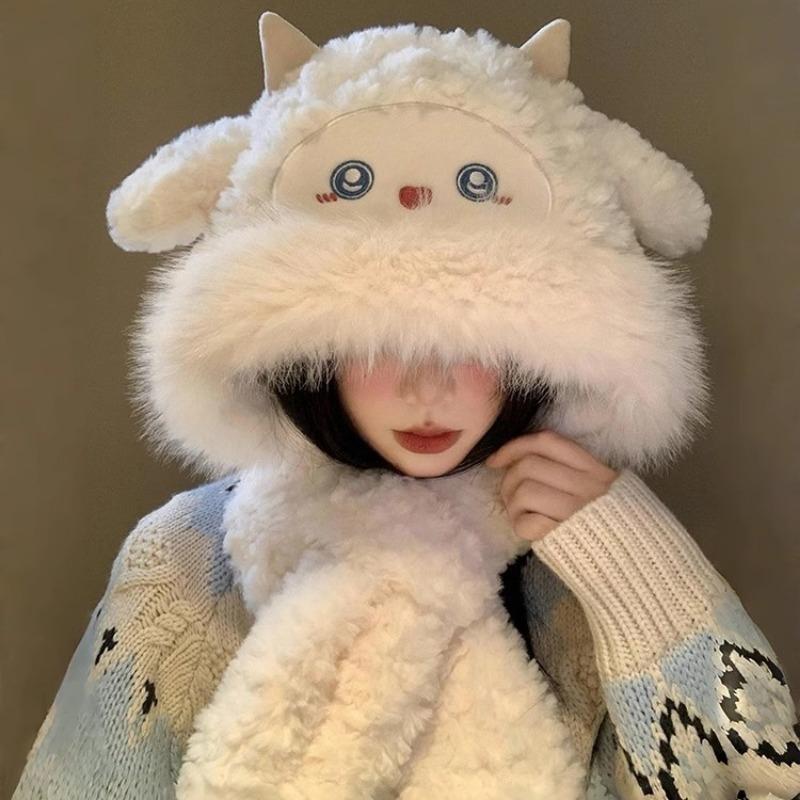 Cute little sheep plush hat women's winter new cold-proof and warm hat scarf integrated thickened ear protector