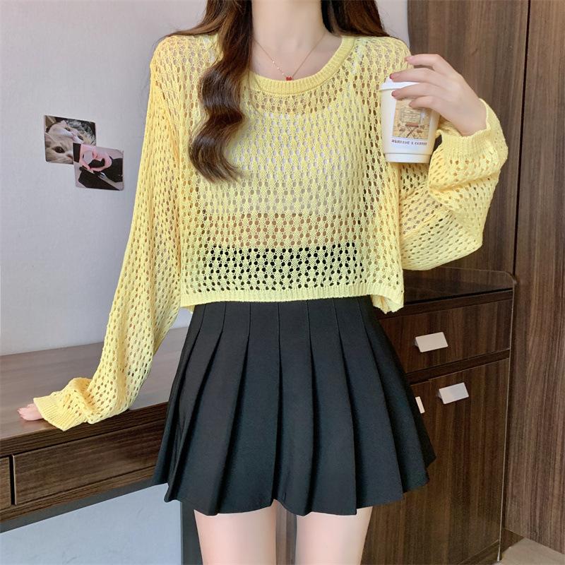 Loose lantern sleeves short hollow blouse women's summer tulle mesh candy color sweet round neck long-sleeved knitted sweater