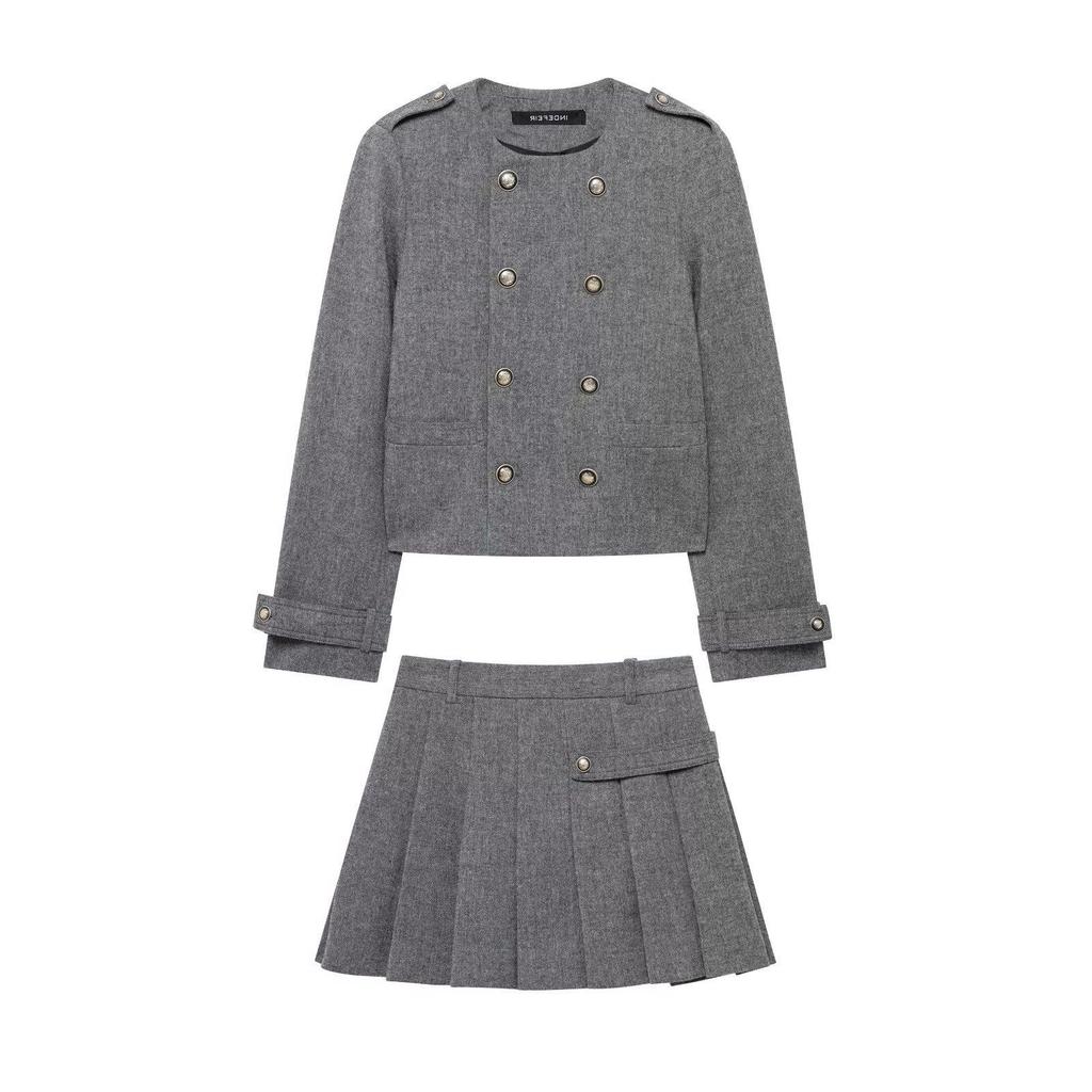 TAOP&ZA Spring Women's Elegant Round Neck Long Sleeve Coat & Mid-Waist Wide Pleated Skirt Set