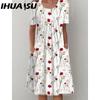 IHUASU 30 Color Pleated Midi Dress Short Sleeve Round Neck Loose Hem Mid-Calf Length Women Floral A-Line Party Dress Casual Wear