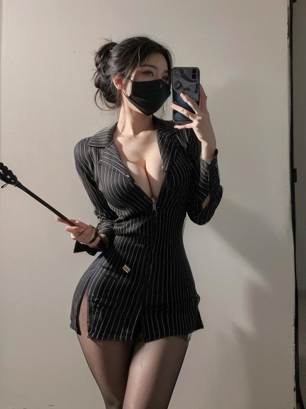 Exotic Summer Fashion Women'S Clothing New Long Sleeved Sexy Striped Secretary Professional Uniform Slim Fit Lapel Shirt Bsel