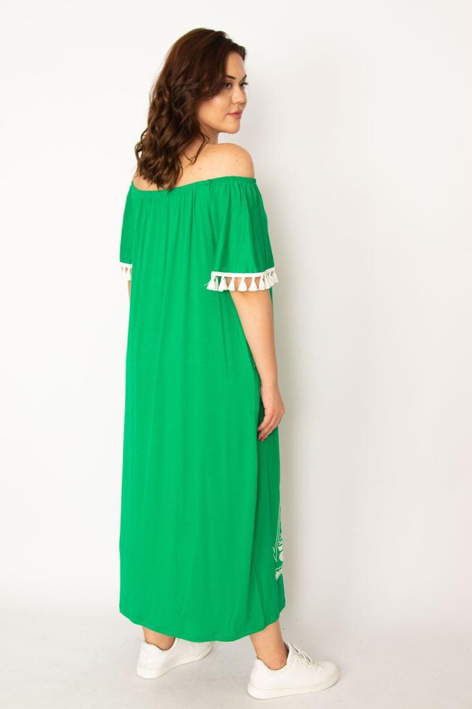 Women's Big Size Dress Plus Size Green Karmen Collar Long Dress with Embroidery and Tassel Detail