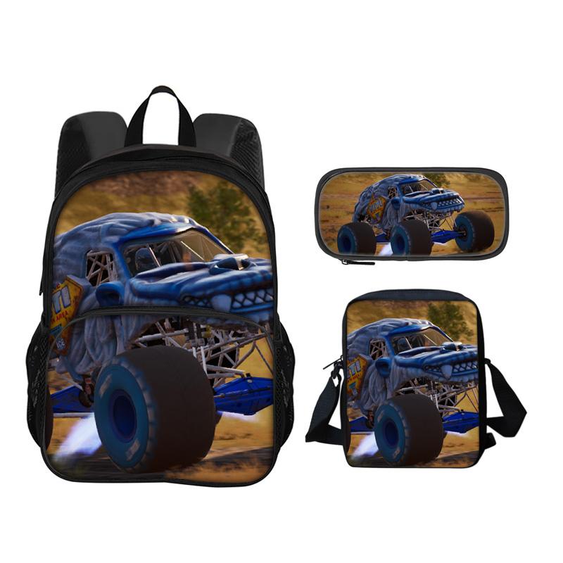 Monster Jam Round Front Bag Backpack Pen Bag Shoulder Bag 3Pcs Set Cartoon Print Student's Best Campus Companion Birthday Gift