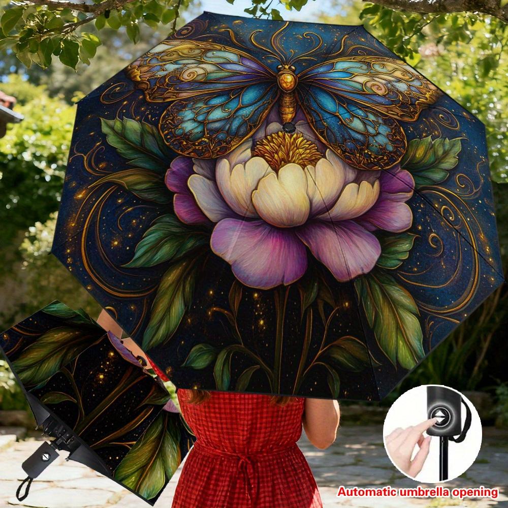 

1pc Automatic Open/Close Umbrella with Golden Butterfly & Floral design - Heavy-Duty 8-Rib Frame, Resistant, Lightweight Compa (as the picture,Iron&8K)