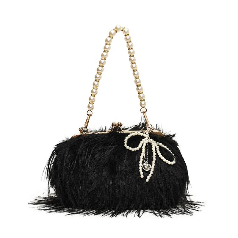 

Женская сумка из плюша в стиле ретро, цепочка с бахромой из жемчуга, пушистая сумка, европейская и американская сумка через плечо Fairy Wind no pendant чёрный