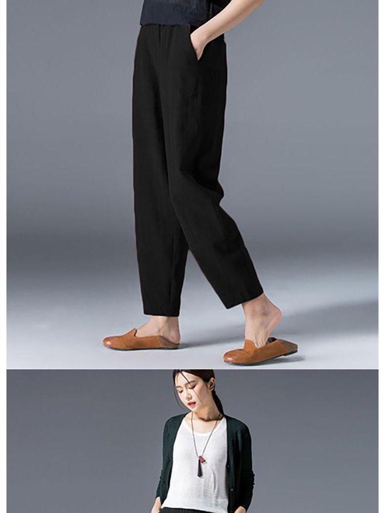 Damen Frühlings-Baumwoll-Leinen High Waist Schlankmachende Haremshose - Locker, Vielseitig, Große Größen Cropped Karottenstil