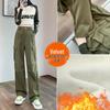 Women's Black Fleece-Lined High Waist Cargo Pants - Autumn/Winter, Slim-Fit, Straight-Wide Leg
