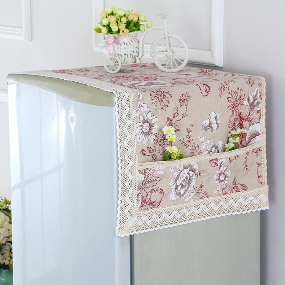 

Хлопково-льняной пылезащитный чехол для холодильника с карманом, с принтом, тканевый чехол для холодильника с французской дверью, кружевной отделкой, защитный чехол для холодильника