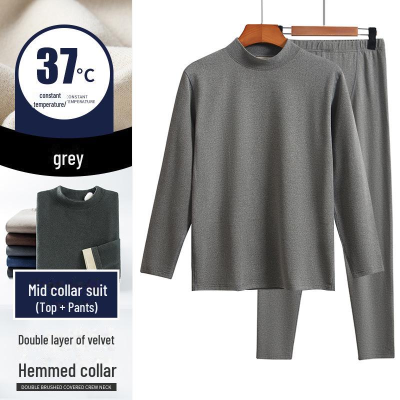 Men's Two-Color German Velvet Warm Suit: No-Pill V-Neck/Round Neck Top & Bottom Set for Autumn/Winter.