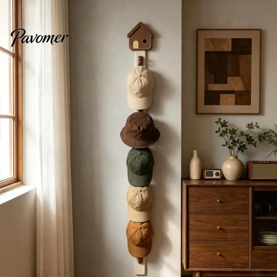 Decorative Wall Hooks for Home Hat Organizer with 8 Hooks, Wall-mounted Baseball Cap Rack, Cute House Shape Rack Vertical Storage Holder Bags Scarves