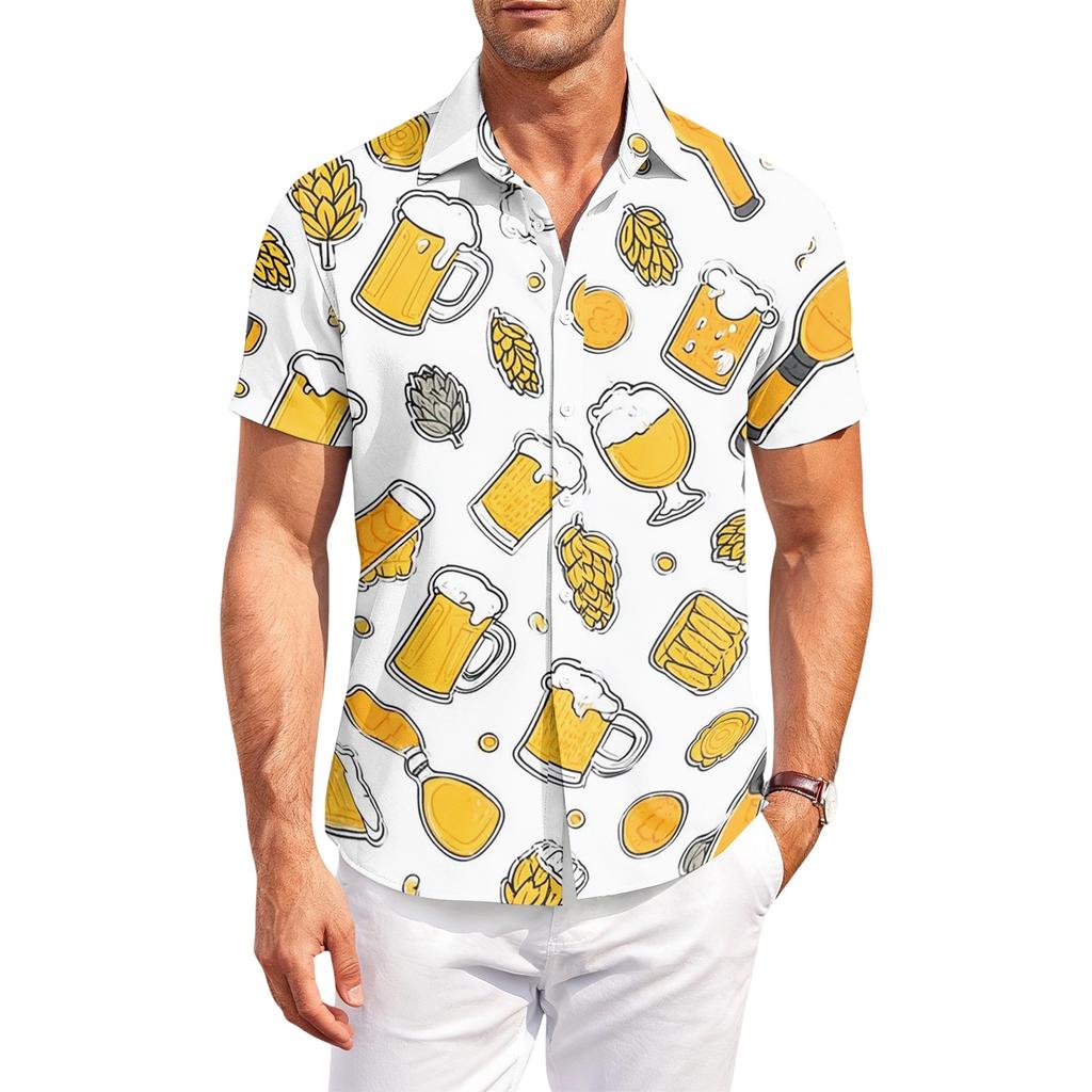 Men's Casual Loose Fit Short Sleeve Button Down Shirt Beer Festival Print Lightweight Breathable Fabric Summer Style